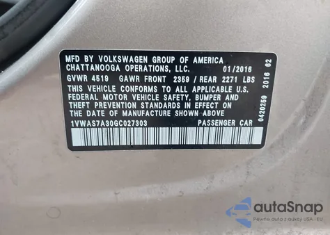 2016 Volkswagen Passat 1.8T S z USA, uszkodzony, nr VIN 1VWAS7A30GC027303